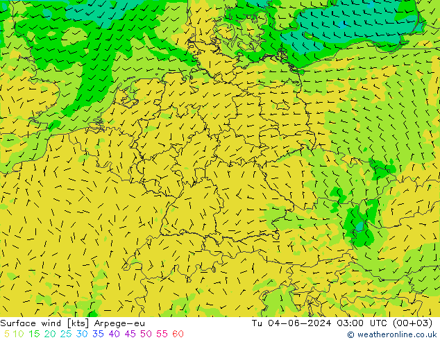 Surface wind Arpege-eu Tu 04.06.2024 03 UTC