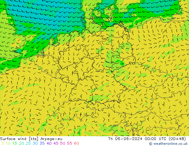 wiatr 10 m Arpege-eu czw. 06.06.2024 00 UTC
