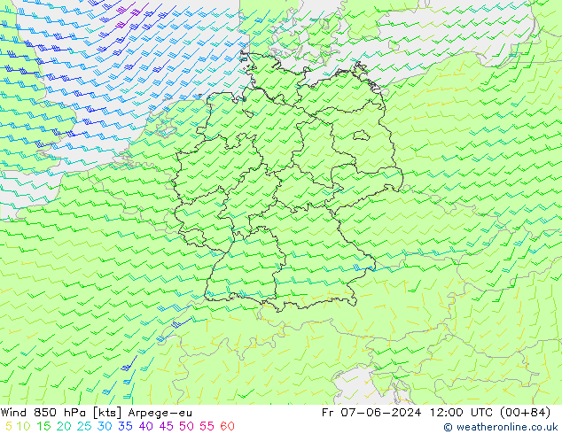 Rüzgar 850 hPa Arpege-eu Cu 07.06.2024 12 UTC