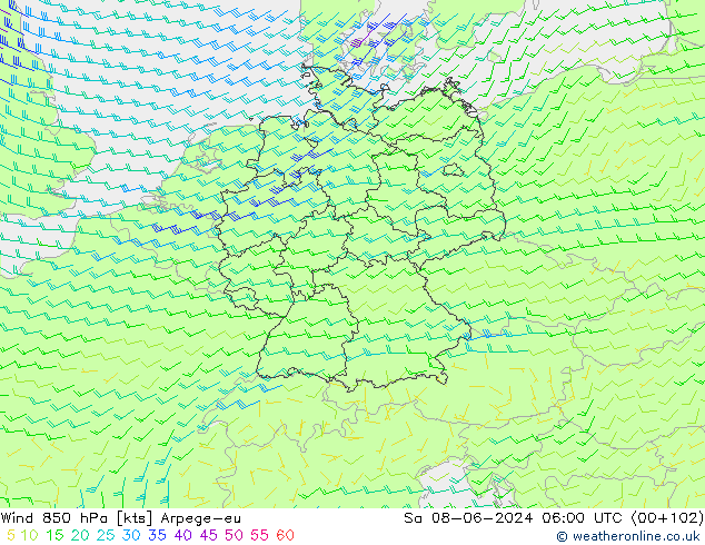 wiatr 850 hPa Arpege-eu so. 08.06.2024 06 UTC