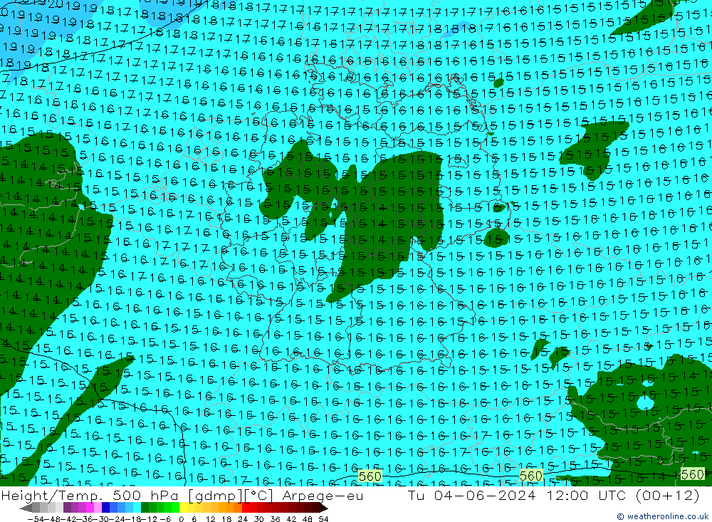 Geop./Temp. 500 hPa Arpege-eu mar 04.06.2024 12 UTC