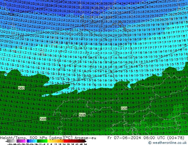 Height/Temp. 500 гПа Arpege-eu пт 07.06.2024 06 UTC