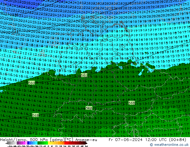 Height/Temp. 500 гПа Arpege-eu пт 07.06.2024 12 UTC