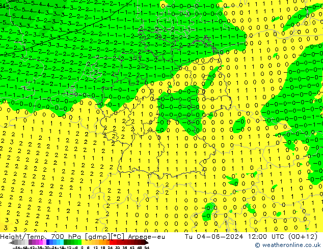 Height/Temp. 700 hPa Arpege-eu Tu 04.06.2024 12 UTC