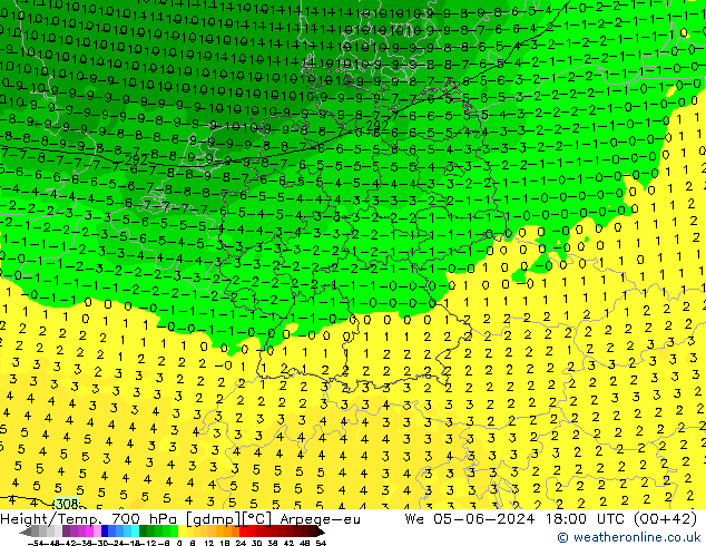 Height/Temp. 700 hPa Arpege-eu mer 05.06.2024 18 UTC