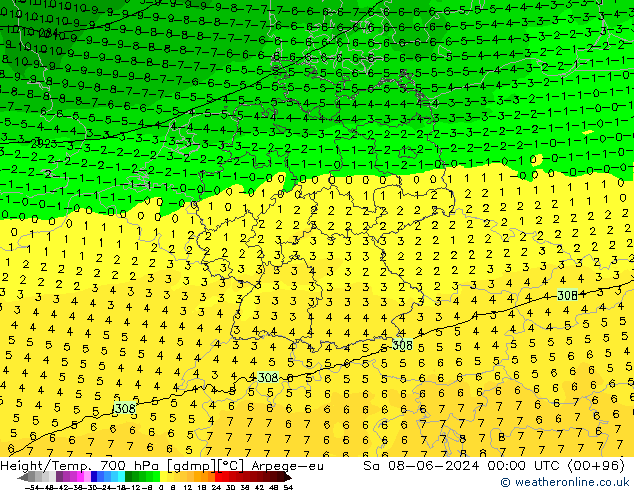 Geop./Temp. 700 hPa Arpege-eu sáb 08.06.2024 00 UTC