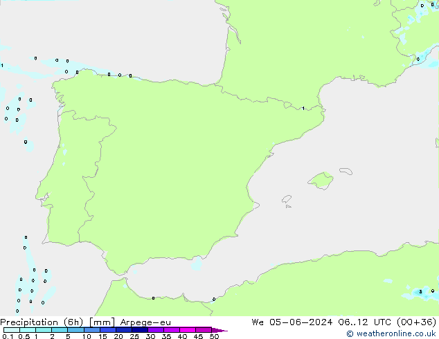 Précipitation (6h) Arpege-eu mer 05.06.2024 12 UTC