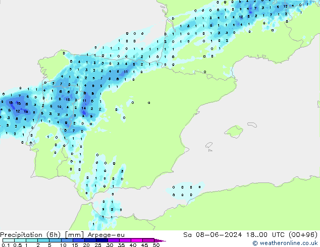 Precipitazione (6h) Arpege-eu sab 08.06.2024 00 UTC