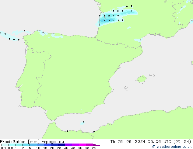 Precipitazione Arpege-eu gio 06.06.2024 06 UTC