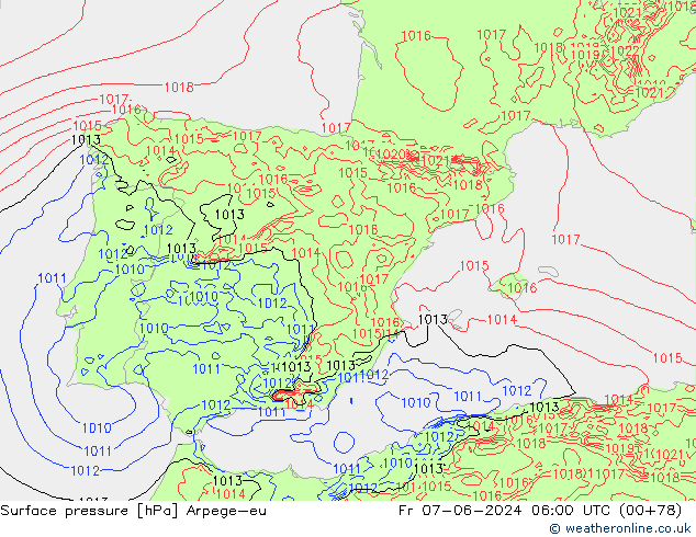 Atmosférický tlak Arpege-eu Pá 07.06.2024 06 UTC