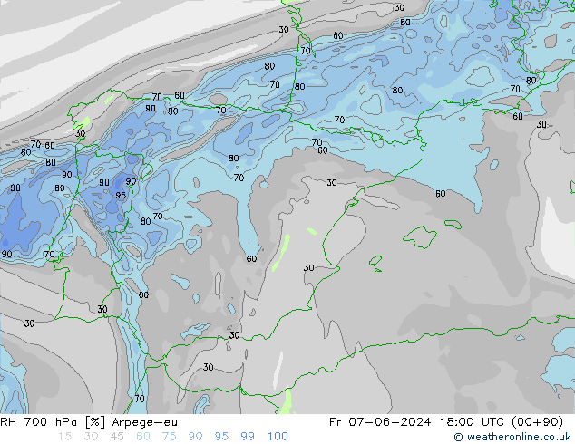 RH 700 hPa Arpege-eu Fr 07.06.2024 18 UTC