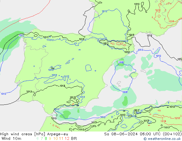 High wind areas Arpege-eu Sáb 08.06.2024 06 UTC