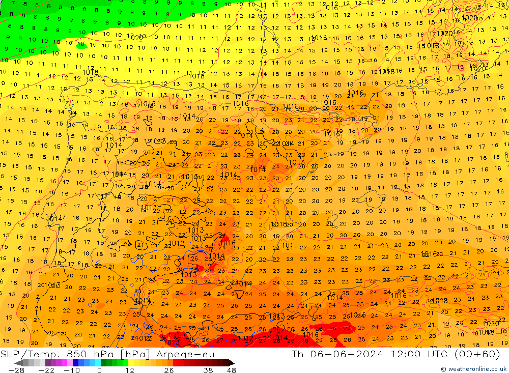 SLP/Temp. 850 hPa Arpege-eu jue 06.06.2024 12 UTC