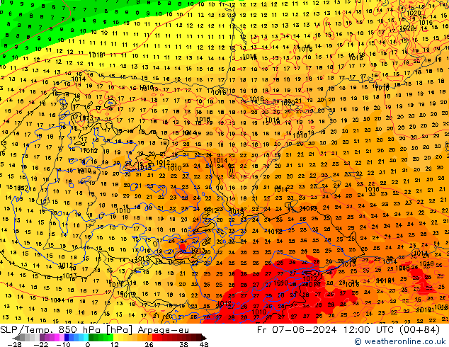 SLP/Temp. 850 hPa Arpege-eu Fr 07.06.2024 12 UTC