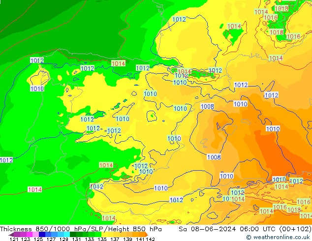 Dikte 850-1000 hPa Arpege-eu za 08.06.2024 06 UTC