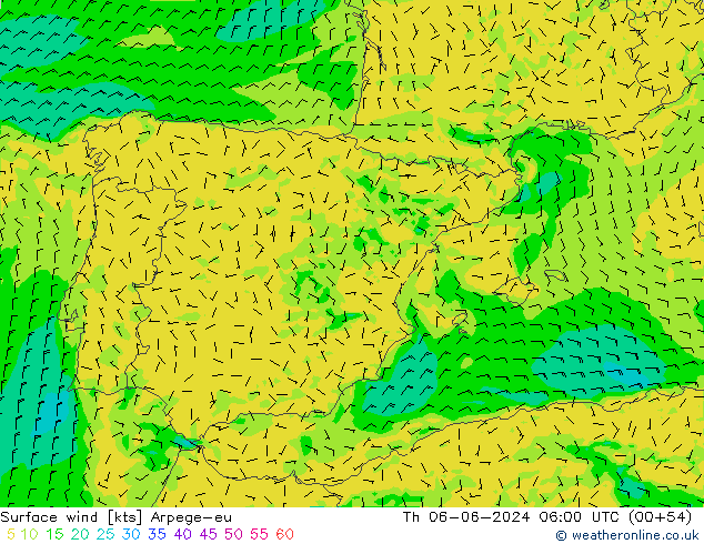 Vento 10 m Arpege-eu gio 06.06.2024 06 UTC
