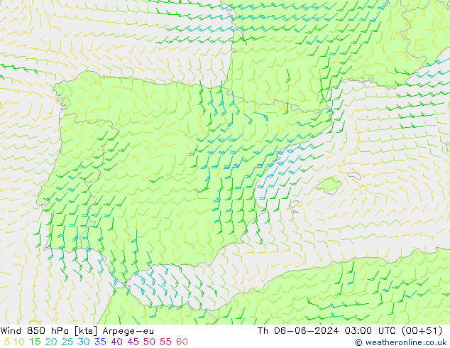 Wind 850 hPa Arpege-eu Th 06.06.2024 03 UTC