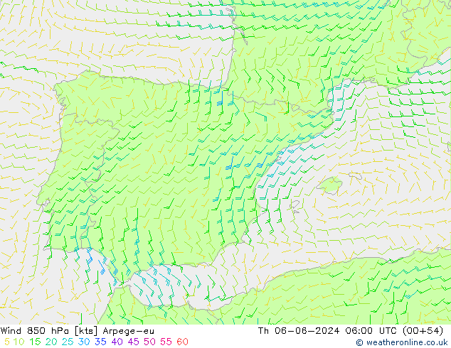 Vento 850 hPa Arpege-eu gio 06.06.2024 06 UTC