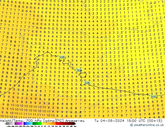 Height/Temp. 700 hPa Arpege-eu Út 04.06.2024 15 UTC