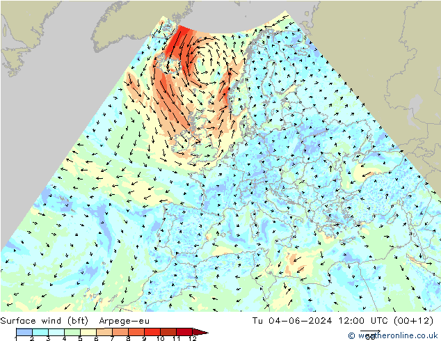 wiatr 10 m (bft) Arpege-eu wto. 04.06.2024 12 UTC