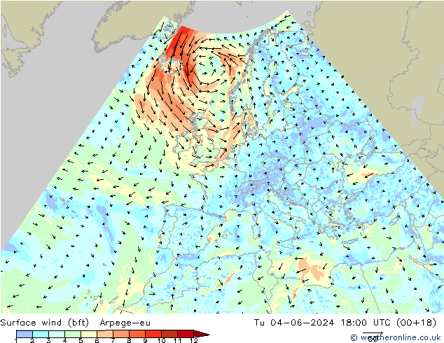 Wind 10 m (bft) Arpege-eu di 04.06.2024 18 UTC
