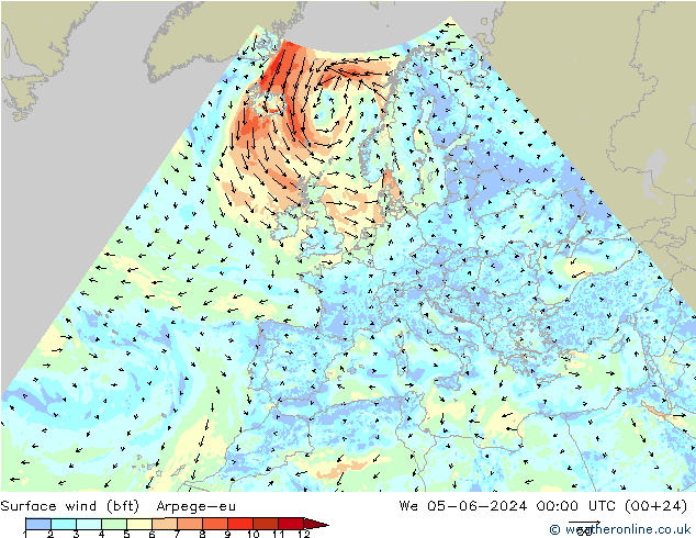 Surface wind (bft) Arpege-eu We 05.06.2024 00 UTC