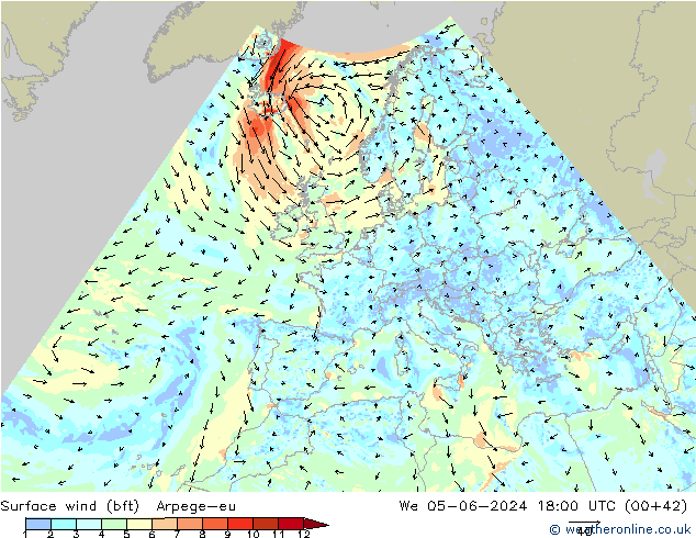 Bodenwind (bft) Arpege-eu Mi 05.06.2024 18 UTC