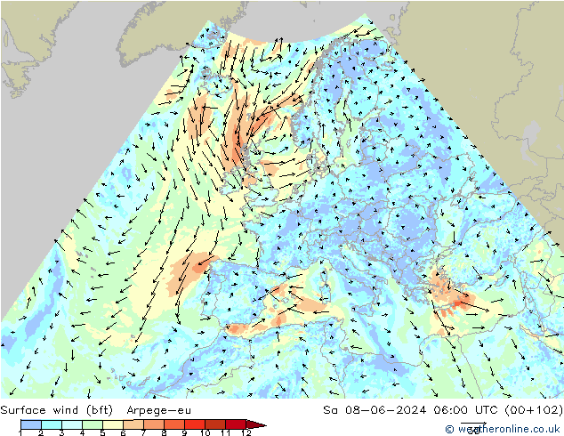Vento 10 m (bft) Arpege-eu sab 08.06.2024 06 UTC