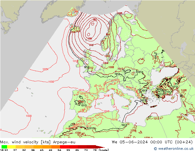 Max. wind velocity Arpege-eu  05.06.2024 00 UTC
