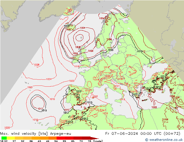 Max. wind velocity Arpege-eu Fr 07.06.2024 00 UTC