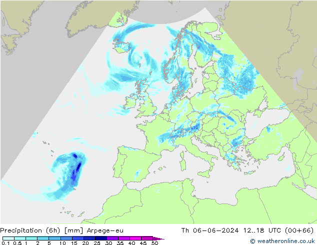 Precipitation (6h) Arpege-eu Th 06.06.2024 18 UTC