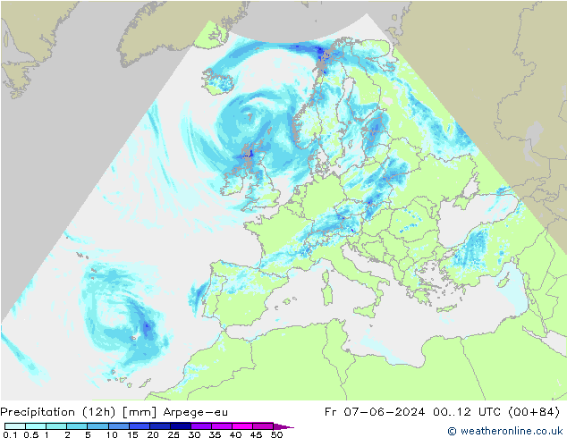 Precipitation (12h) Arpege-eu Fr 07.06.2024 12 UTC