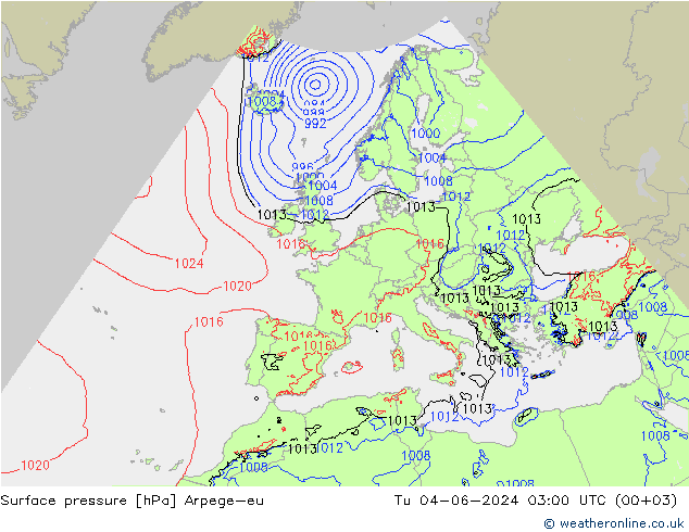 Surface pressure Arpege-eu Tu 04.06.2024 03 UTC