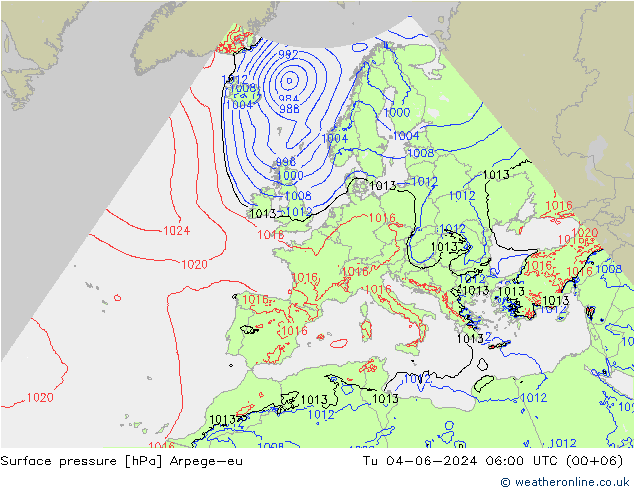 Atmosférický tlak Arpege-eu Út 04.06.2024 06 UTC