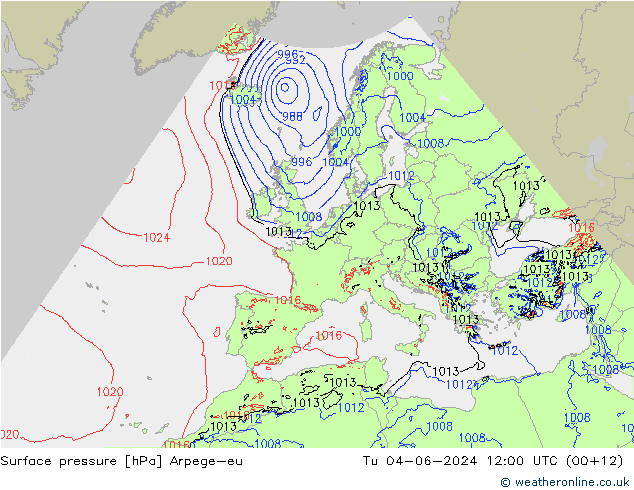 Surface pressure Arpege-eu Tu 04.06.2024 12 UTC