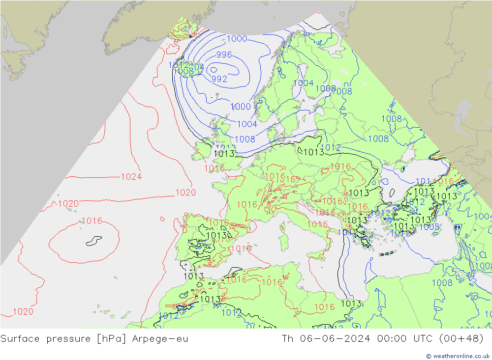 приземное давление Arpege-eu чт 06.06.2024 00 UTC