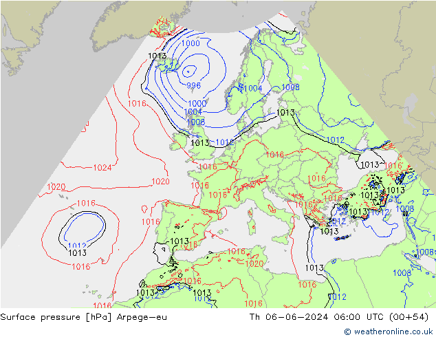Atmosférický tlak Arpege-eu Čt 06.06.2024 06 UTC