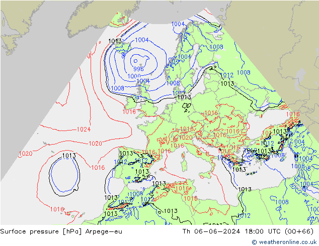 Presión superficial Arpege-eu jue 06.06.2024 18 UTC