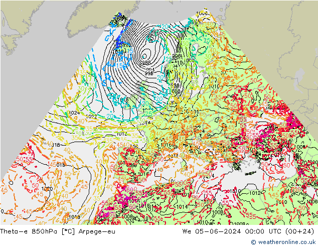 Theta-e 850hPa Arpege-eu mer 05.06.2024 00 UTC