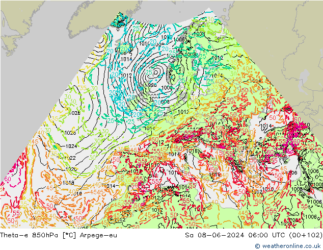 Theta-e 850hPa Arpege-eu sab 08.06.2024 06 UTC