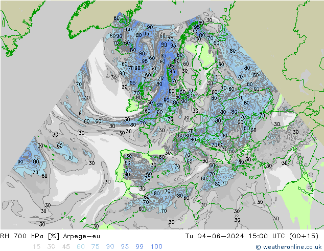 RH 700 hPa Arpege-eu Tu 04.06.2024 15 UTC