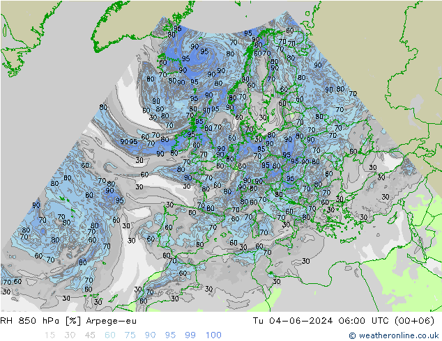 RH 850 hPa Arpege-eu Di 04.06.2024 06 UTC