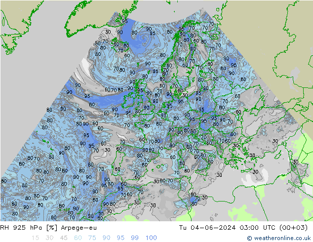 RH 925 hPa Arpege-eu 星期二 04.06.2024 03 UTC