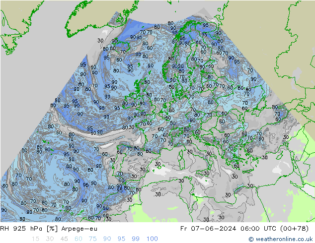 RH 925 hPa Arpege-eu ven 07.06.2024 06 UTC