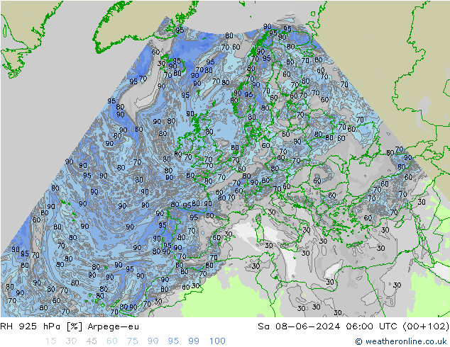 Humedad rel. 925hPa Arpege-eu sáb 08.06.2024 06 UTC