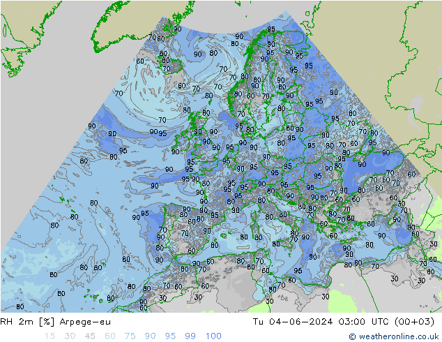 Humidité rel. 2m Arpege-eu mar 04.06.2024 03 UTC