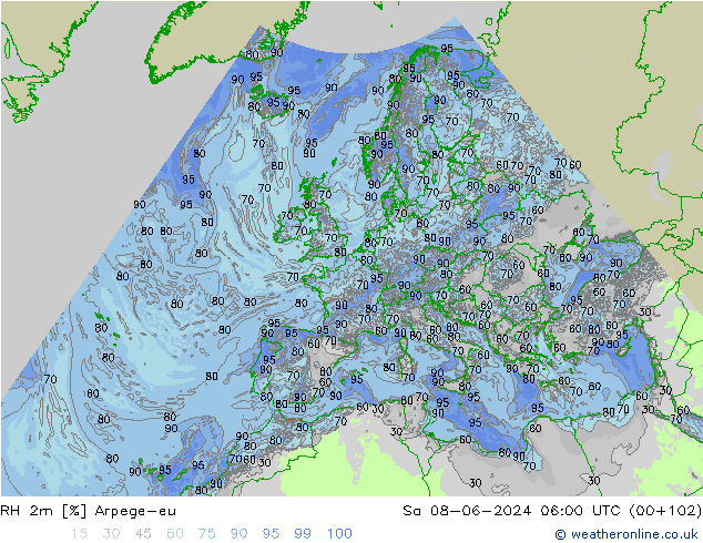 RH 2m Arpege-eu Sa 08.06.2024 06 UTC