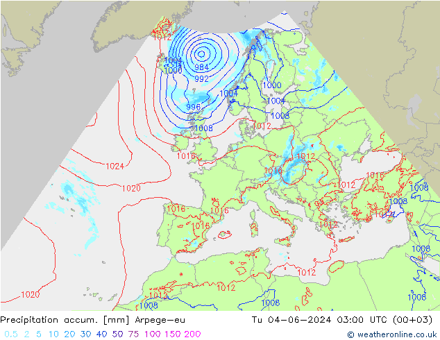 Precipitation accum. Arpege-eu  04.06.2024 03 UTC