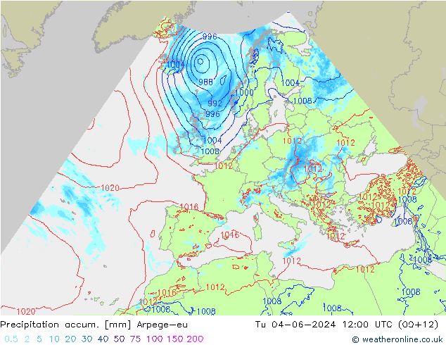 Totale neerslag Arpege-eu di 04.06.2024 12 UTC