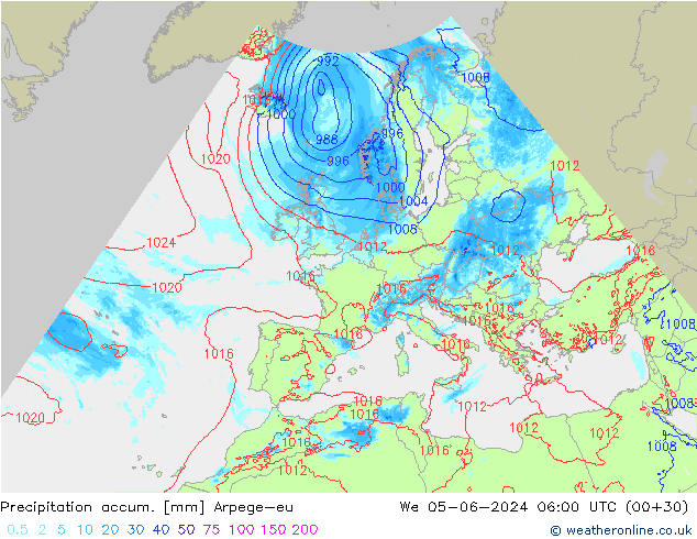 Precipitation accum. Arpege-eu We 05.06.2024 06 UTC